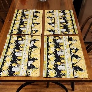 Set Of Four Charming Yellow and Black Hand Quilted Bee Placemats
